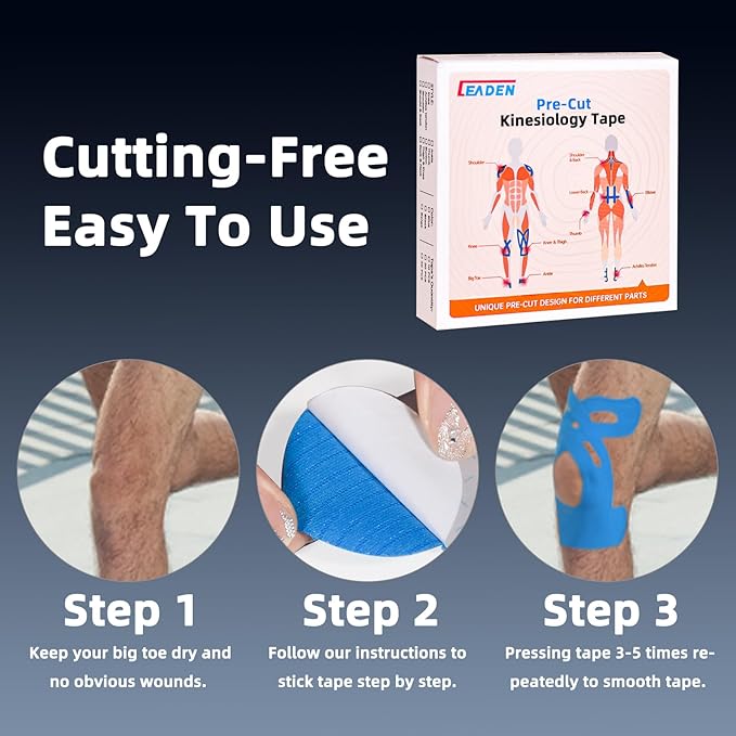 IEADEN Precut Kinesiology Tape for Knees, 10 Pcs - Knee Support & Stability, Knee Pain Relief Athletic Tape - Waterproof & Elastic, Breathable Hypoallergenic Latex-Free Tape, Blue