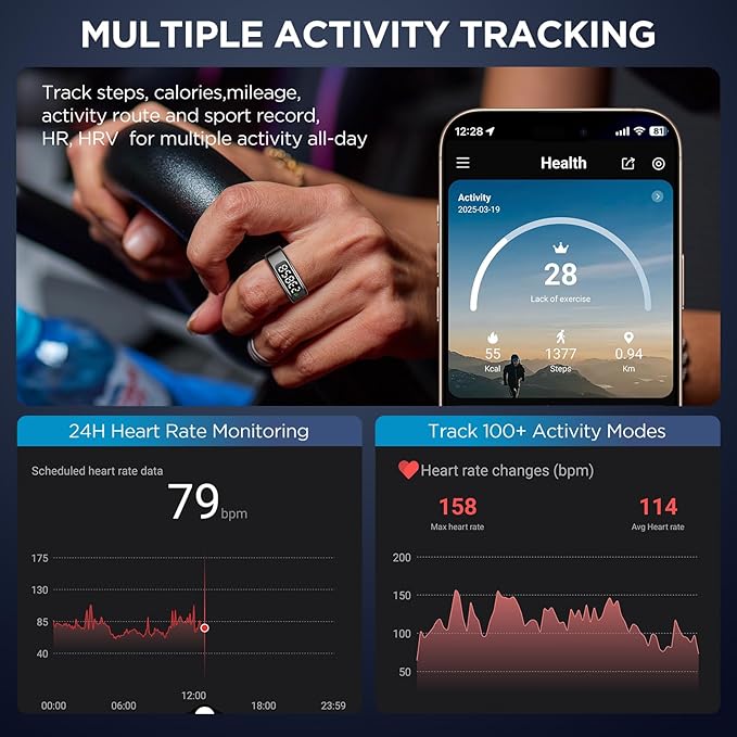 Smart Ring Health Tracker with Display Screen, Sleep Tracker Ring with Heart Rate, Fitness Ring Step tracker for Activity Monitoring/Steps/Calories,Wireless Charging, for iOS Android (Silver,8#)