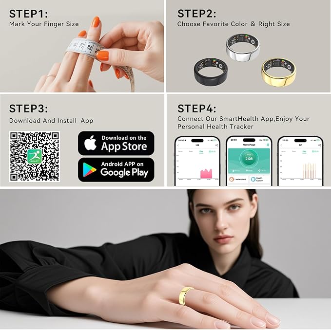 Smart Rings for Women Men,Fitness Tracker Ring,Heart Rate,Blood Oxygen,Blood Pressure,Step Tracker,Sleep Monitoring,No Subscription Fee,IP68 Waterproof Smart Ring for iphone&Android(Gold 10)