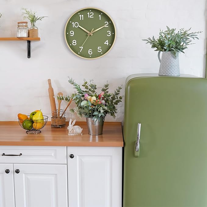 Roymnie Wall Clock 12 Inch Silent Green Wall Clocks Battery Operated- Modern Non Ticking Analog Clock Decorative for Living Room Bedroom Office Kitchen(Gold)