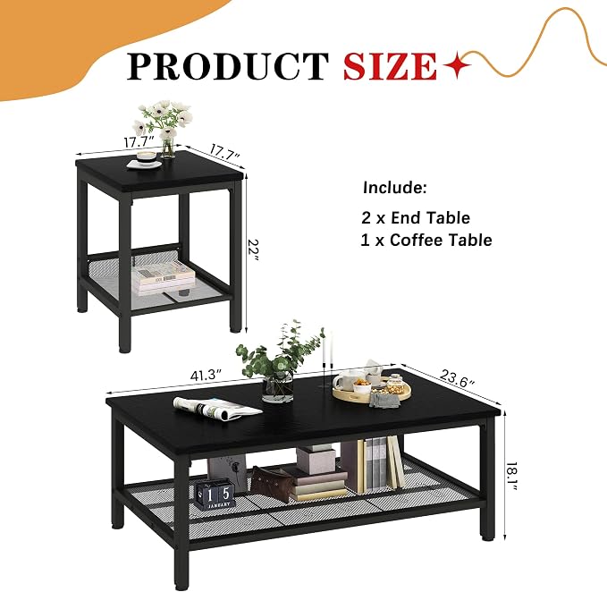 AWQM Coffee Table Set of 3, Industrial Coffee Table with 2 Square End Side Tables, Modern Living Room Table Set with Metal Frame for Apartment Home Office, Black