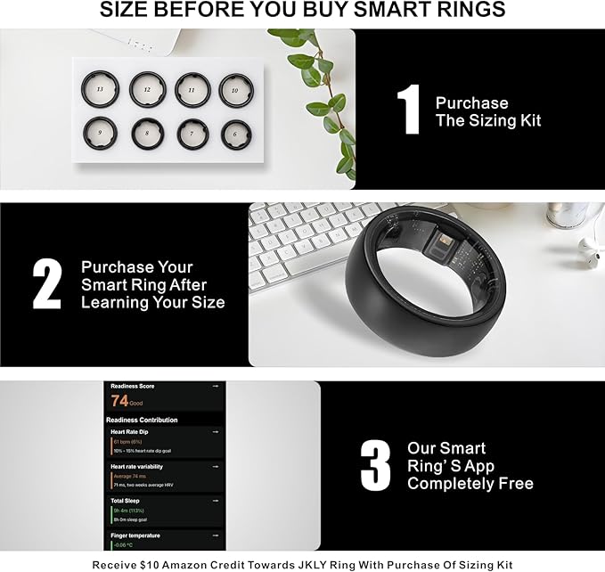 Smart Ring, Activity Trackers, Sleep Ring, Fitness Tracking, Stress Tracker, Heart Rate, Meditation, Temperature, Respiratory, No App Subscription, Women, Men, iOS, Android (Silver, 10)