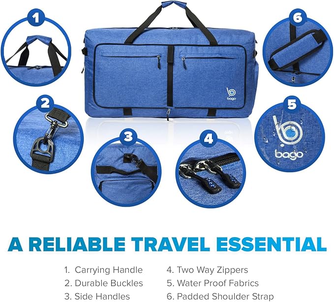 Bago Big XXL Foldable Duffel Bags for Traveling Women & Men - 140L Packable Duffle Bag for Travel with Shoe Compartment - Water Repellant, Heavy Duty, Lightweight Folding & Collapsible (SnowDepBlue)