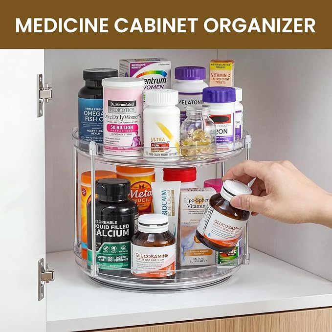 2 Tier Non-Skid Acrylic Lazy Susan Organizer - Rotating Spice Rack - Turntable Organization for Kitchen, Pantry, Countertop, Closet, Bathroom, Vanity, Medicine Cabinet Organizing,10''