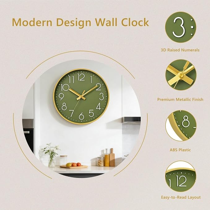 DAXSMY Wall Clock - 8 Inch Silent Non-Ticking Modern 3D Wall Clocks Battery Operated - Decorative Clock for Kitchen, Home Office, Bathroom, Bedroom(Green)
