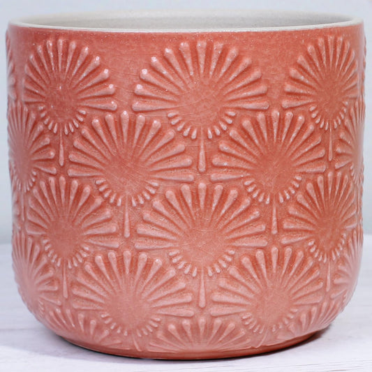 Xiaan Jiaju Boho Embossed Ceramic Flower Pot, 6.7 Inch Modern Planter Pots for Indoor Plants, Bohemian Chic Decorative Glazed Plant Pot with Fanburst Pattern, Coral Blush