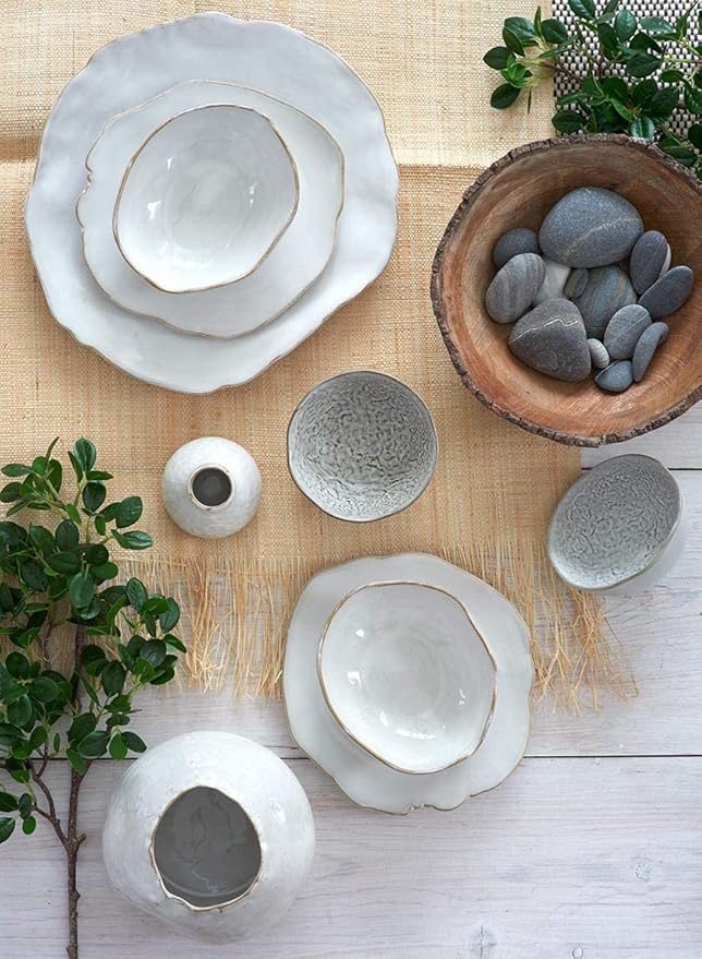 Serene Spaces Living Small Free-Form Edge Glazed Ceramic Bowl, Centerpiece for Vintage Weddings, Events, Measures 6" Long, 5.5" Wide, 2.75" Tall