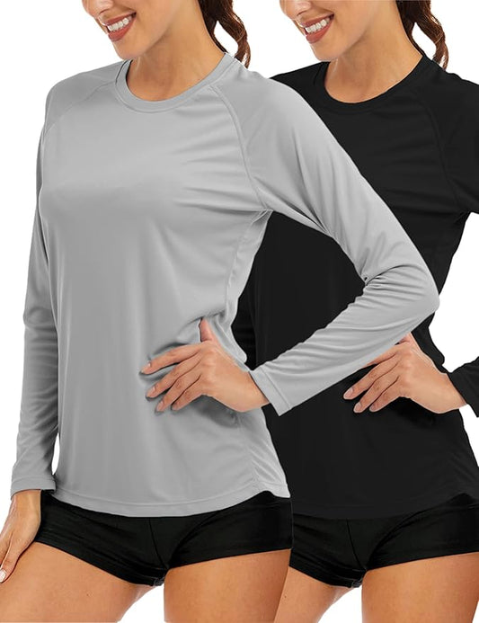 MAGCOMSEN Women's 2 Pack Long Sleeve Shirts UPF 50+ Sun Protection Quick Dry Swim Shirt for Rash Guard Fishing Workout