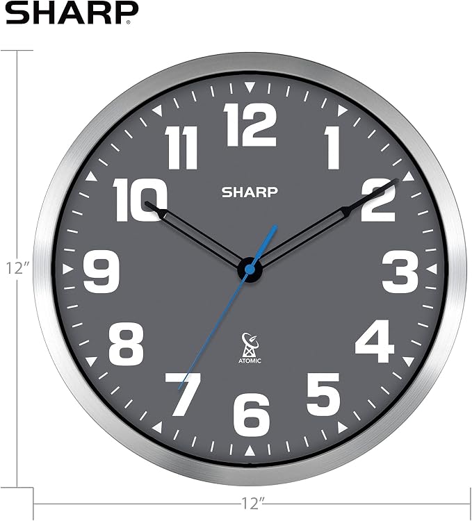 Sharp Atomic Analog Wall Clock - 12" Grey Face, Silver Brushed Finish - Sets Automatically- Battery Operated - Easy to Read - Easy to Use – Modern Design and Style