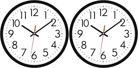 Lumuasky 2 Pack Black Wall Clock,12 Inch Silent Non Ticking Quartz Battery Operated Round Analog Classic Clock for Classroom School Office Living Room Bedroom Home