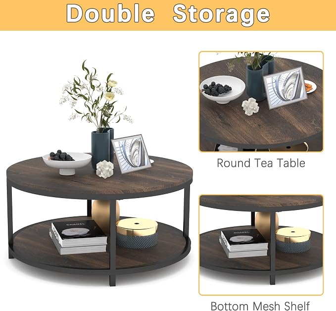 NSdirect 36 inches Round Coffee Table, Rustic Wooden Surface Top & Sturdy Metal Legs Industrial Sofa Table for Living Room Modern Design Home Furniture with Storage Open Shelf(Rustic Brown)