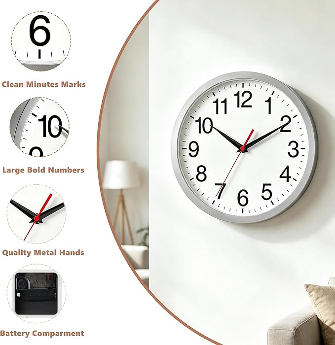 Rohioue Wall Clock Modern 10 Inch Battery Operated Silent Non Ticking Analog Clock Decorative for Bedroom Kitchen Bathroom Office Home Living Room (Silver)