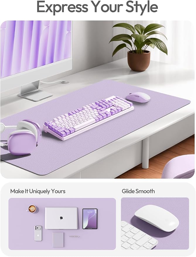 YSAGi PU Leather Desk Pad Protector – Non-Slip Waterproof Desk Mat for Office & Home, Easy Clean Large Mouse Pad & Laptop Writing Blotter 23.6"x13.8" Light Purple