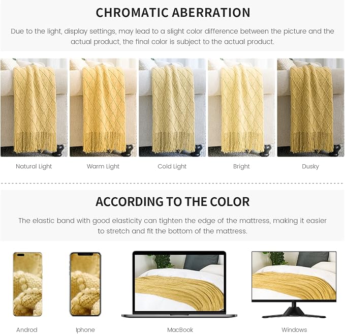 BOURINA Mustard Throw Blanket 50x60 Inches Throw Textured Solid Soft Sofa Couch Decorative Knit Blanket