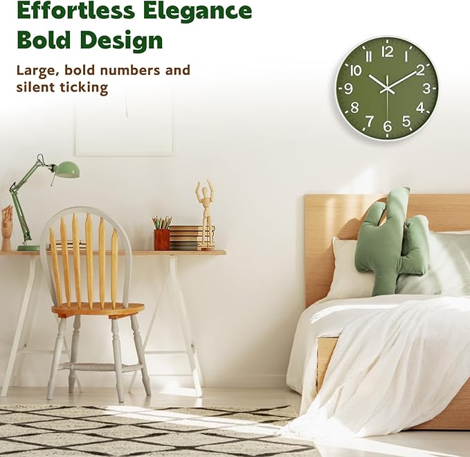 Silent Wall Clock Non-Ticking Battery Operated – Modern Olive Green Analog Wall Clock for Living Room, Kitchen, Office, Bedroom – Stylish Home Wall Decor Clock, 10 Inch