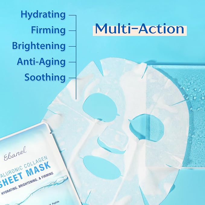 Ebanel 20 Pack Collagen Face Mask with Hyaluronic Acid, Vitamin C, Peptide, Aloe, Instant Brightening Hydrating Face Masks Skincare Korean Sheet Mask, Skin Firming, Lifting Anti Aging Facial Masks