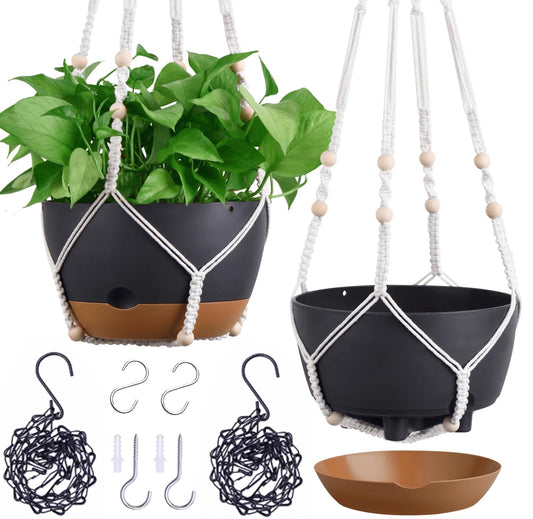 Set of 2-10 Inch Hanging Planters for Indoor Plants with Self-Watering Includes Hanging Pots for Plants, Outdoor Hanging Plant Pot with Drainage, and 2 Types of Hanging Baskets Hangers (Black, 10inch)