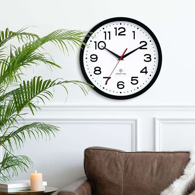 Roymnie Atomic Wall Clock 12 Inch, Modern Clock Battery Operated Classic Analog Decorative for Kitchen, Living Room, Office, Bedroom, Bathroom (Black)