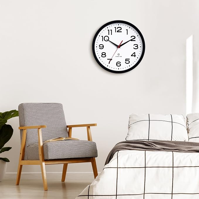 Roymnie Atomic Wall Clock 12 Inch, Modern Clock Battery Operated Classic Analog Decorative for Kitchen, Living Room, Office, Bedroom, Bathroom (Black)