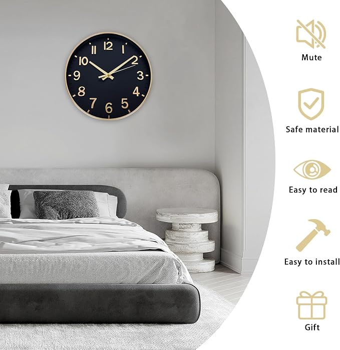 HZDHCLH Wall Clocks Battery Operated,Wall Clock Black Gold,12 inch Wall Clock Silent Non Ticking Modern 3D Numbers for Kitchen Bedroom Living Room Office Classroom Decor
