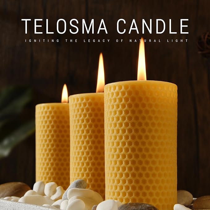 Pure Natural Beeswax Pillar Candles - Pack of 3 - Honeycomb Surface, No Scent- for Emergency/Prayer/Relax (2inch Diameter, 4 inch Tall - Yellow)