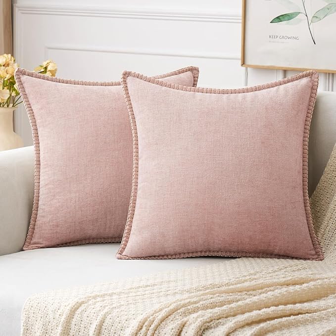 MIULEE Pack of 2 Couch Throw Pillow Covers 20x20 Inch Pink Farmhouse Decorative Pillow Covers with Stitched Edge Soft Chenille Solid Dyed Pillow Covers for Sofa Bed Living Room