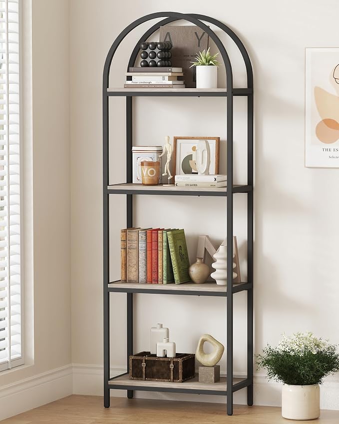 Yusong Bookshelf 4 Tier Arched Bookcase, 71.3" Tall Industrial Open Book Shelves for Living Room, Modern Freestanding Display Shelving Storage Rack Metal Frame, Office, Bedroom, Grey