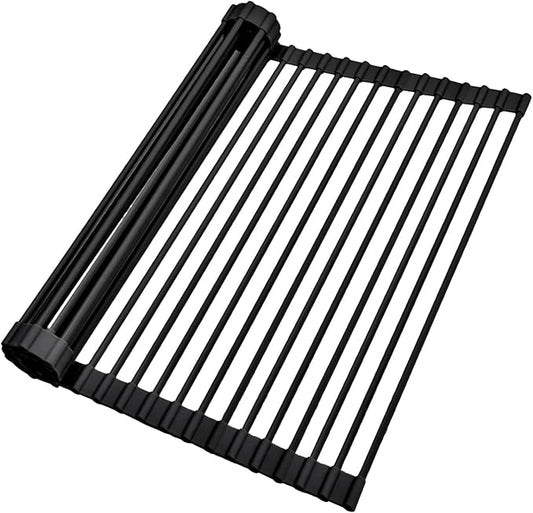 Ohuhu Over The Sink Dish Drainer Drying Rack, 17.6" W x 15.4" L Roll Up Dish Racks Kitchen Sink Organizer Silicone Wrapped Large in Sink Dish Drying Rack Foldable Rolling Drain Mats Anti-Slip