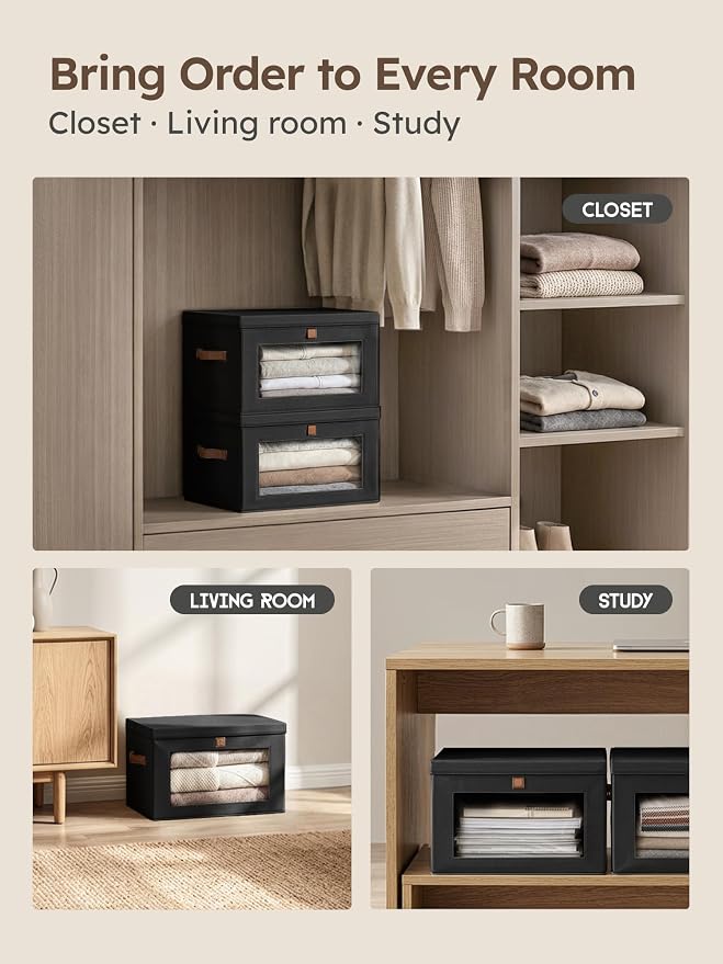 Homsorout Medium Fabric Storage Bins - Closet Shelf Organizer with Open Window, 2 Pack Closet Baskets for Shelves, Stackable Decorative Boxes for Home, Dorm, Black, 13.7" x 9.8” x 9.8"