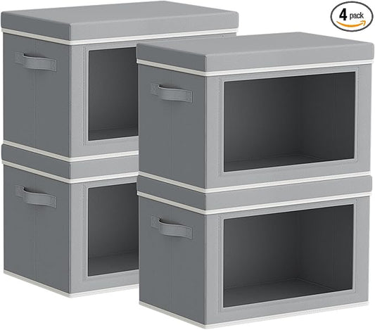 Homsorout Storage Bins with Lids - Small Fabric Organizers with Window, Collapsible Storage Bins for Clothes, Decorative Closet Organizers for Towels, Tshirt, 4 Pack, Grey