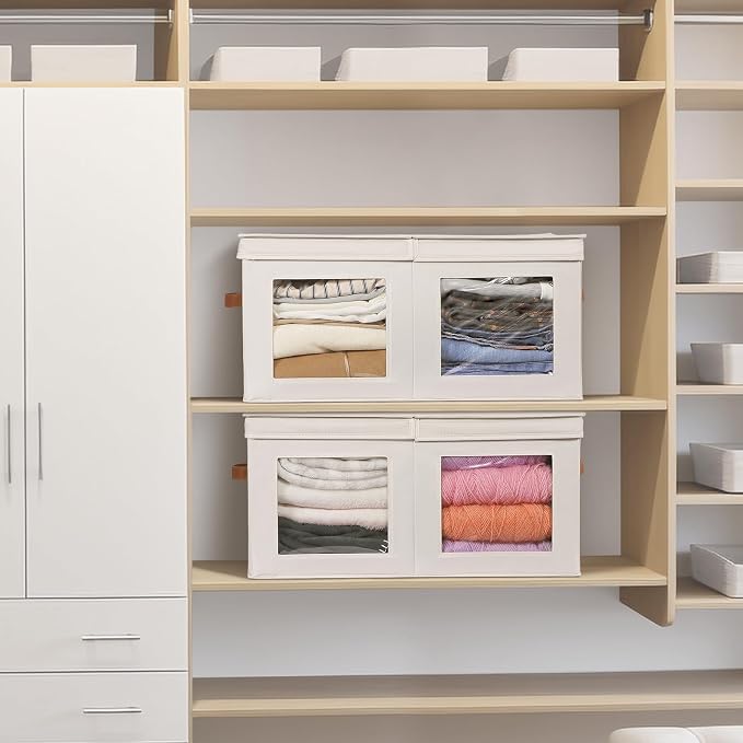 Univivi Large Storage Boxes with Lids, Collapsible Foldable Storage Bins for Clothes, [1-Pack] Fabric Storage Cubes with Handles, Closet Organizers for Home, Bedroom (Beige, 24” x 17” x 12")
