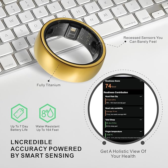 Smart Ring, Activity Trackers, Sleep Ring, Fitness Tracking, Stress Tracker, Heart Rate, Meditation, Temperature, Respiratory, No App Subscription, Women, Men, iOS, Android (Golden, 11)