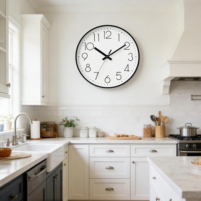 DAXSMY Wall Clock - 14 Inch Silent Non-Ticking Modern 3D Wall Clocks Battery Operated - Decorative Clock for Kitchen, Home Office, Bathroom, Bedroom, Living Room(White)