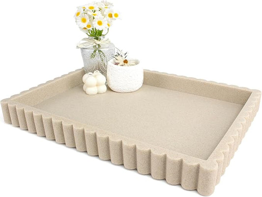 YMXYJM-Scalloped Coffee Table Tray，Ottoman Tray for Modern Home Decor. 14" Decorative Tray for Entryway Table Decor, Living Room Table Decor, Coffee Table Centerpiece - Beige Resin