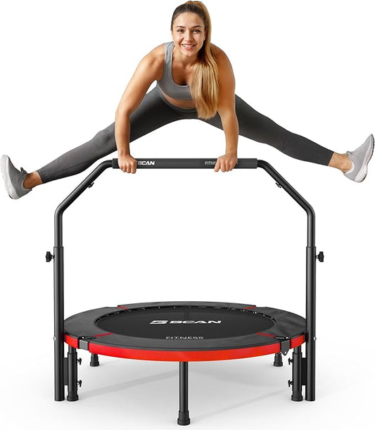 BCAN 40"/48" Foldable Mini Trampoline, Rebounder Trampoline for Adults, U/T Adjustable Foam Handle, Exercise Rebounder for Adults Indoor/Garden Workout, Max Load 330lbs/440lbs