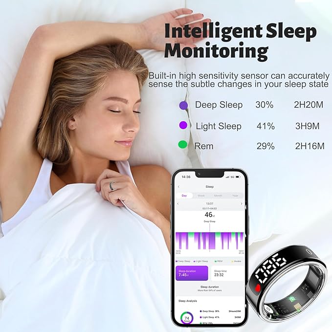 Smart Health Ring for Women Men, Smart Ring Fitness Tracker for iOS Android, Heart Rate, Blood Oxygen, Blood Pressure, Sleep Monitoring,5ATM Waterproof, No Subscription Fee (Black, 13#)