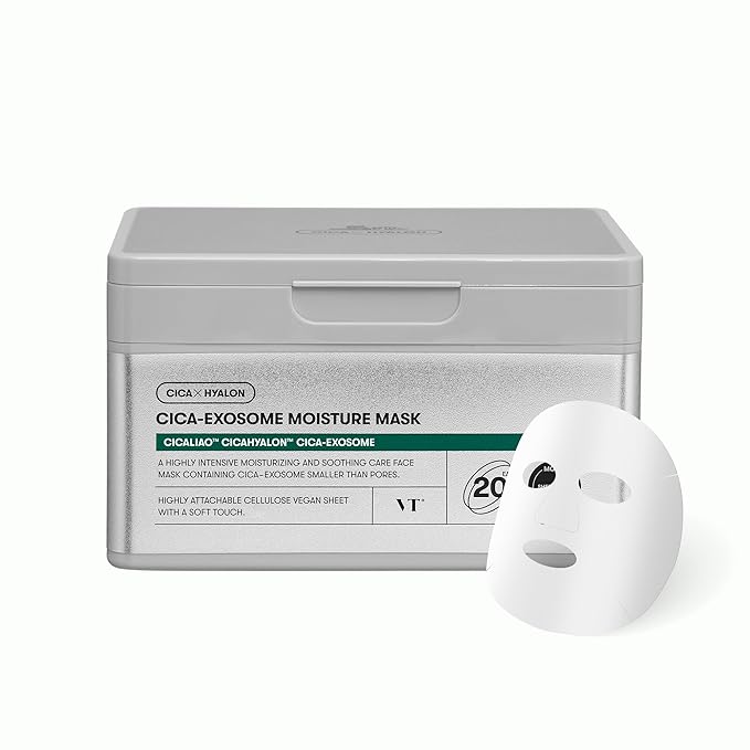 VT COSMETICS Cica-Exosome Moisture Mask 20 Sheets, Centella Asiatica & Hyaluronic Acid with Exosomes for Deep Hydration & Calming, Biodegradable Vegan Sheets, Korean Face Mask
