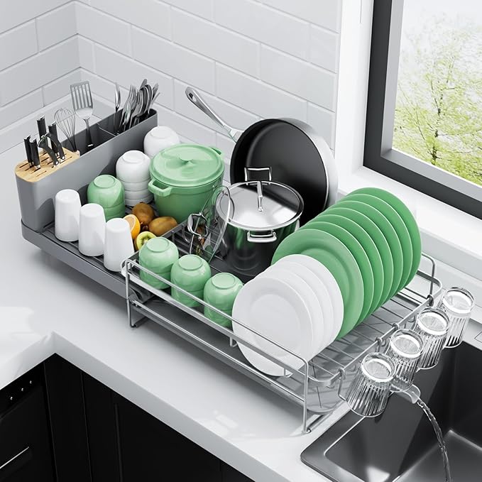Kitsure Extendable Dish Drying Rack, Large Drying Dish Rack with Cutlery & Cup Holders, Multifunctional Dish Racks for Counter with Drainage, 18.2"-25.7" L x 12.9" W, Sliver