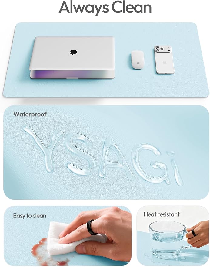 YSAGi Leather Desk Protector, Office Mat, Large Mouse Mat, Non-Slip PU Leather Blotter, Laptop Pad, Waterproof Writing Pad for Office and Home (Baby Blue, 23.6" x 13.8")