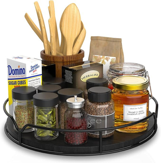 Lazy Susan Turntable Organizer with Anti-Slip Mat for Cabinet Pantry Kitchen Countertop Refrigerator Office, Pine Wood, 10", Black