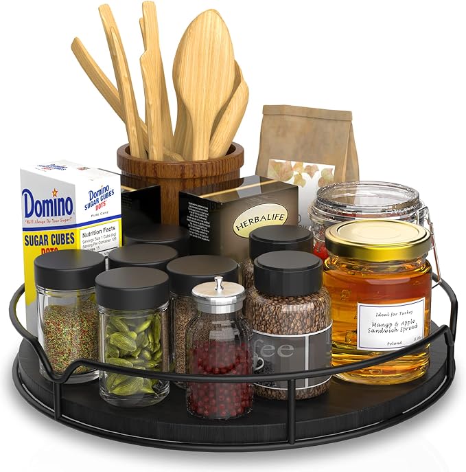 Lazy Susan Turntable Organizer for Cabinet Pantry Kitchen Countertop Refrigerator Cupboard, Pine Wood, 9", Black