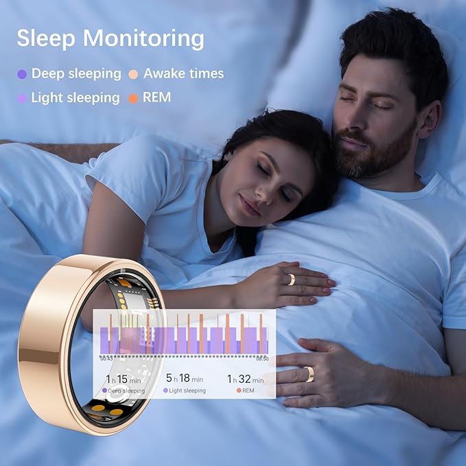 Ring Health Tracker for Women Men, Fit Ring with Heart Rate, Blood Oxygen, Sleep Monitor, Calories, Step Counter, IP68 Waterproof Smart Ring for iPhone & Android, No Subscription Fee (Rose Gold, 7#)