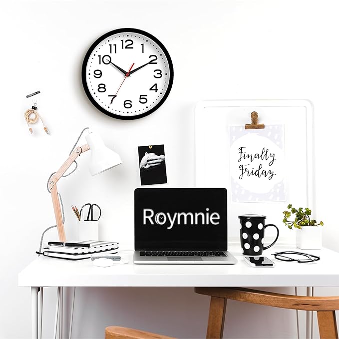 Roymnie Wall Clock Silent Non-Ticking Modern Clock Battery Operated 10 Inch Classic Analog Decorative for Classroom, Living Room, Office, Bedroom, School, Hotel (Black)