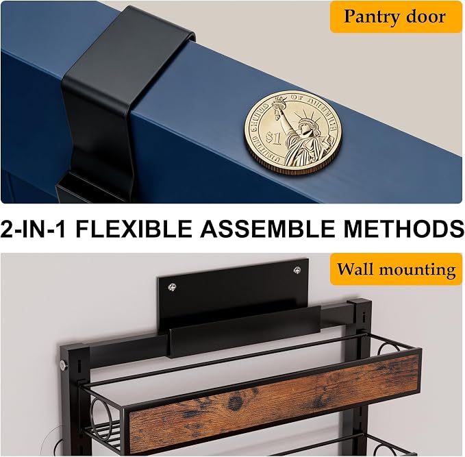 9 Tier Over The Door Pantry Orangizer 2 IN 1 Wall Mounted or Hanging Spice Rack with Adjustable Wood Basket,Heavy Duty Seasoning Storage Shelf for Kitchen Pantry and Bathroom Black