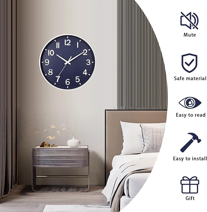 HZDHCLH Wall Clocks Battery Operated,Wall Clock Navy Blue,10 inch Wall Clock Silent Non Ticking Modern 3D Numbers for Kitchen Bedroom Living Room Office Classroom Decor