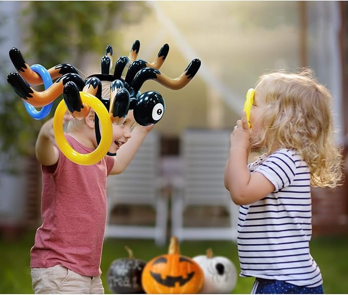 10 PCS Giant Halloween Ring Toss Games Inflatable Spider for Kids Adult Indoor Outdoor Carnival Family Party Games Spider Toys Halloween School Party Favors (2 Giant Spiders, 8 Rings)