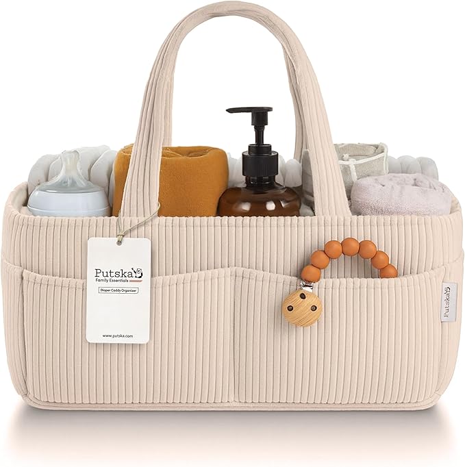 PUTSKA Baby Diaper Caddy Organizer for Changing Table – Stylish Nursery Storage Basket, Newborn Essentials, Baby Shower Gifts and Registry Must-Haves for Boy or Girl, Car Diaper Caddy, Corduroy Cream