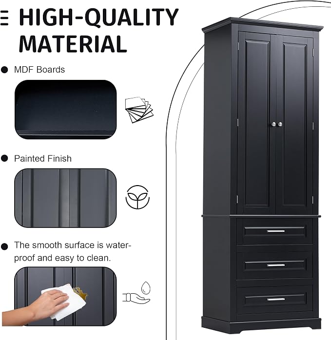 Polibi Tall Storage Cabinet with 3 Drawers, 3-Tier Adjustable Shelves & 2 Doors, Floor Freestanding Linen Cabinet for Bathroom, Living Room (Black)