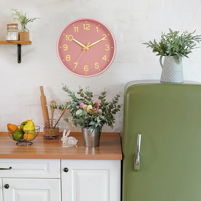 Roymnie Silent Wall Clocks Battery Operated 10 Inch-Modern Non Ticking Analog Clock Decorative for Kitchen Office Bathroom Bedroom(Pink Gold)