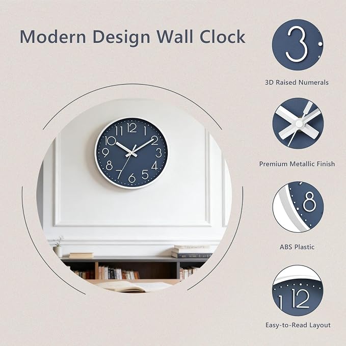 DAXSMY Wall Clock - 12 Inch Silent Non-Ticking Modern 3D Wall Clocks Battery Operated - Decorative Clock for Kitchen, Home Office, Bathroom, Bedroom, Living Room(Azure Blue)